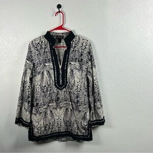 Dana Buchman Black Cream Patterned Tunic Sz L Career Chic Office Wear